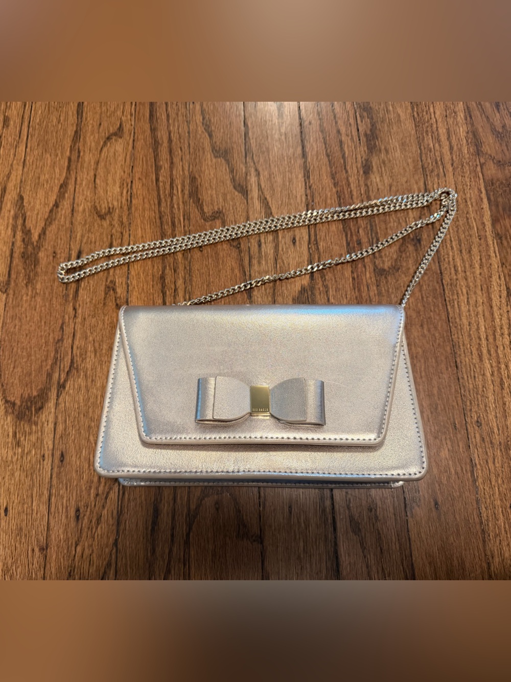 Ted Baker Metallic Gold Crossbody Purse with Bow Detail and Chain Strap